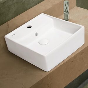 Hindware Elegance Table Top Basin with sleek design and glossy white ceramic finish placed on a modern bathroom counter